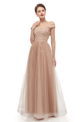 Off-Shoulder Pearls Applique A-Line Tulle Prom Dresses