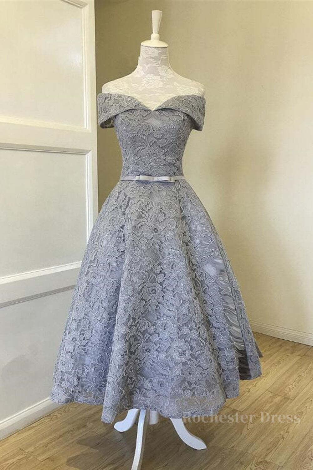 Off Shoulder Tea Length Gray Lace Prom Dresses, Off the Shoulder Gray Homecoming Dresses, Gray Lace Formal Evening Dresses