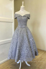 Off Shoulder Tea Length Gray Lace Prom Dresses, Off the Shoulder Gray Homecoming Dresses, Gray Lace Formal Evening Dresses