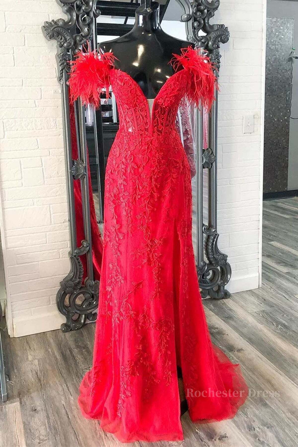 Off Shoulder V Neck Mermaid Red Lace Long Prom Dress with High Slit, Mermaid Red Formal Dress, Red Lace Evening Dress