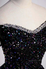 Off the Shoulder Black Sequin Prom Dresses, Black Long Formal Evening Dresses