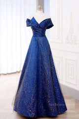 Off the Shoulder Blue Long Prom Dresses, Off Shoulder Long Formal Evening Dresses