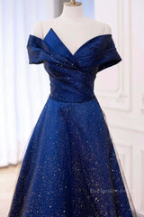 Off the Shoulder Blue Long Prom Dresses, Off Shoulder Long Formal Evening Dresses