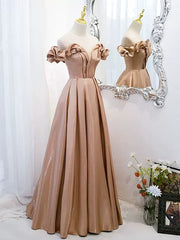 Off the Shoulder Champagne Satin Prom Dresses, Champagne Long Formal Evening Dresses