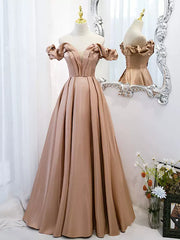 Off the Shoulder Champagne Satin Prom Dresses, Champagne Long Formal Evening Dresses