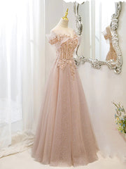 Off the Shoulder Champagne Tulle Lace Prom Dress, Off Shoulder Champagne Lace Formal Dress