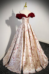 Off the Shoulder Floral Satin Long Prom Dress, Cute A-Line Evening Dress with Velvet