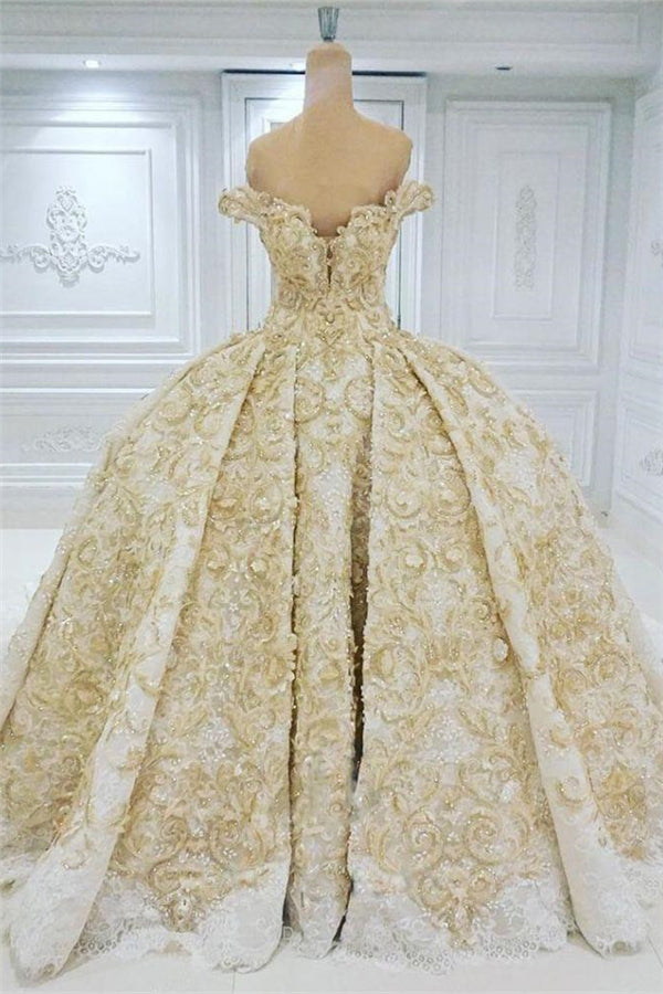 Off the shoulder Golden Lace Appliques Formal Ball Gown Wedding Dress