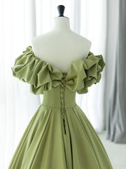 Off the Shoulder Green Satin Long Prom Dresses, Green Satin Long Formal Evening Dresses