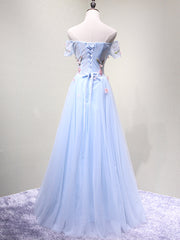 Off the Shoulder Light Blue Floral Long Prom Dresses, Off Shoulder Light Blue Formal Evening Dresses