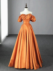 Off the Shoulder Orange Satin Long Prom Dresses, Orange Long Satin Formal Evening Dresses