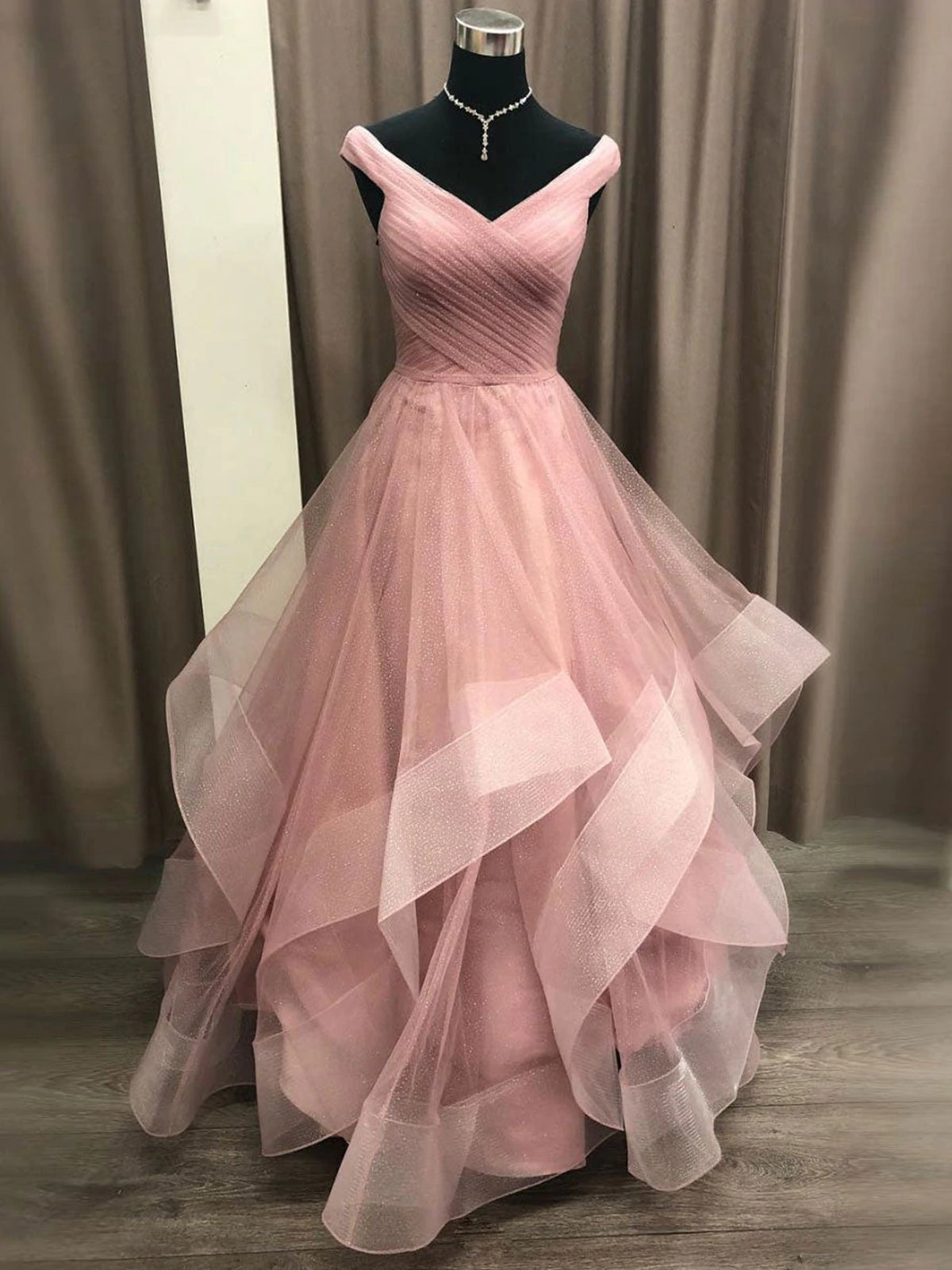 Off the Shoulder Pink Prom Gown, Pink Off Shoulder Long Formal Graduation Dresses