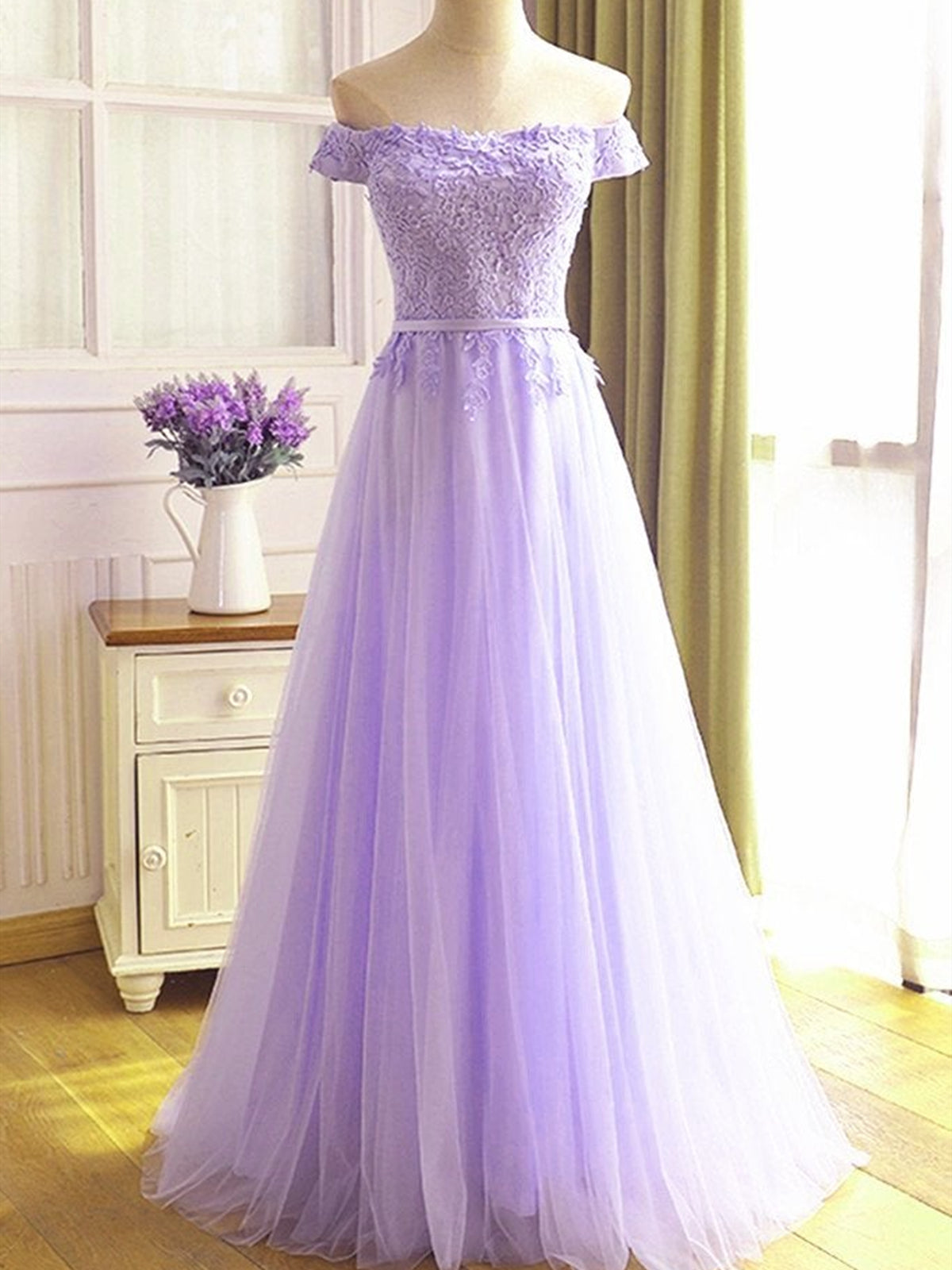 Off the Shoulder Purple Lace Prom Dresses, Purple Off Shoulder Lace Formal Bridesmaid Dresses