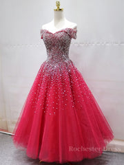 Off the Shoulder Red Long Prom Gown, Off the Shoulder Red Beaded Formal Evening Dresses