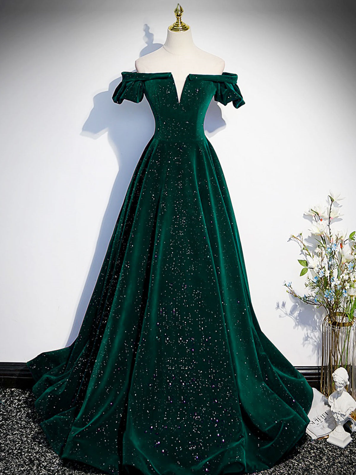 Off the Shoulder Shiny Green Black Long Prom Dresses, Green Black Long Formal Evening Dresses