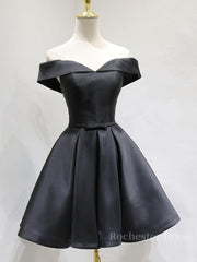 Off the Shoulder Short Black Prom Dresses, Little Black Formal Graduation Homecoming Dresses