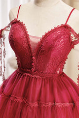 Off the Shoulder Short Burgundy Lace Prom Dresses, Wine Red Short Lace Formal Graduation Dresses