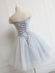 Off the Shoulder Short Gray Prom Dresses, Short Beaded Gray Graduation Homecoming Dresses