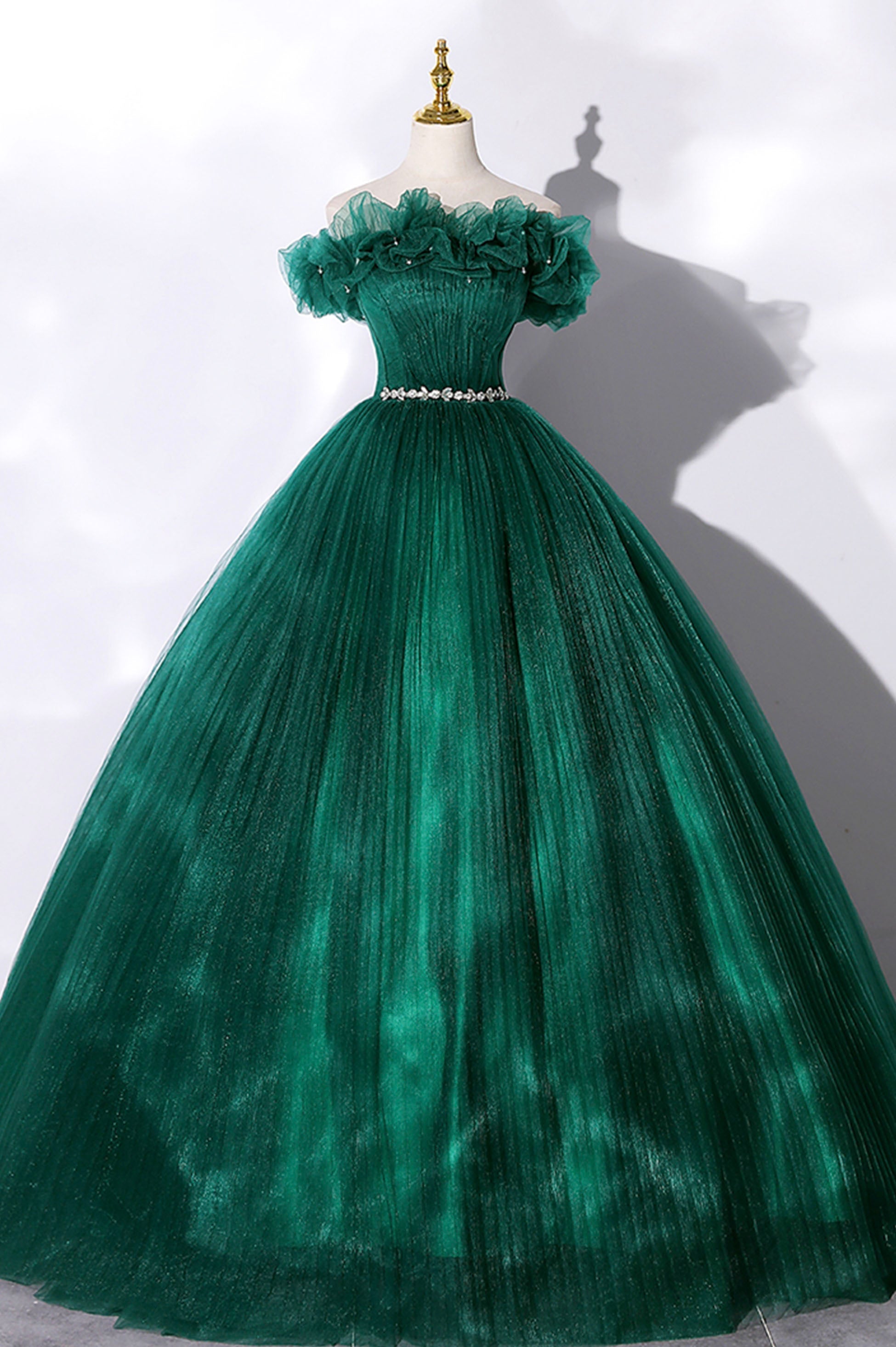 Off the Shoulder Tulle Long Prom Dress, Green A-Line Evening Graduation Dress