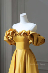 Off the Shoulder Yellow Satin Long Prom Dresses, Off Shoulder Yellow Long Formal Evening Dresses