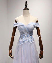 Light Blue Tulle Lace Long Prom Dress, Lace Evening Dress