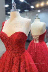 One Shoulder Open Back Red Lace Long Prom Dresses, Sweetheart Neck Red Lace Formal Dresses, Red Evening Dresses