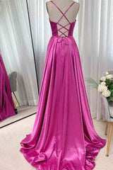 Open Back Fuchsia Satin Ruched Long Prom Dress, Long Fuchsia Formal Graduation Evening Dress