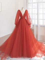 Orange v neck tulle long prom dress, orange evening dress