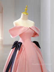 Pink A-Line Satin Off Shoulder Long Prom Dress, Pink Formal Evening Dresses