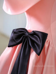 Pink A-Line Satin Off Shoulder Long Prom Dress, Pink Formal Evening Dresses