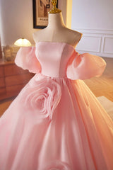 Pink A-Line Sweetheart Ball Gown Formal Dress with Flowers, Off the Shoulder Evening Party Dress