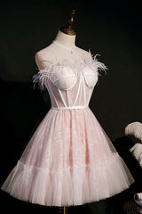 Pink A-Line Tulle Short Prom Dress with Feather, Pink Strapless Party Dress