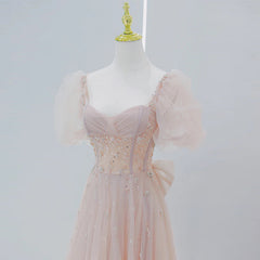 Pink Beaded Tulle Short Sleeves Long Party Dress, Pink Sweet 16 Dresses