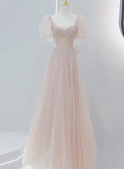 Pink Beaded Tulle Short Sleeves Long Party Dress, Pink Sweet 16 Dresses