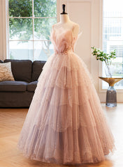 Pink Beaded V-neckline Tulle Party Dress Prom Dress, Tulle Layers Sweet 16 Dress