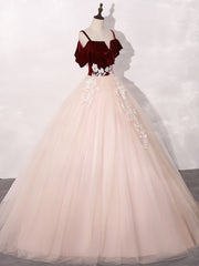 Pink/Burgundy Tulle Long Prom Dresses, A-Line Formal Sweet 16 Dress with Lace