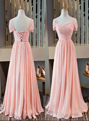 Pink Chiffon Cap Sleeves Long Bridesmaid Dress, Floor Length Pink Party Dress