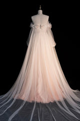 Pink Gradient Tulle Long A-Line Prom Dress, Long Sleeve Evening Party Dress