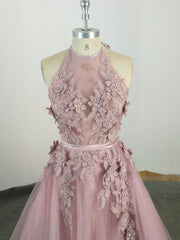 Pink High Neck Tulle Lace Applique Long Prom Dress, Pink Evening Dress