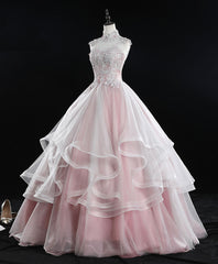 Pink High Neck Tulle Lace Long Sweet 16 Dress Tulle Lace Pink Prom Dress