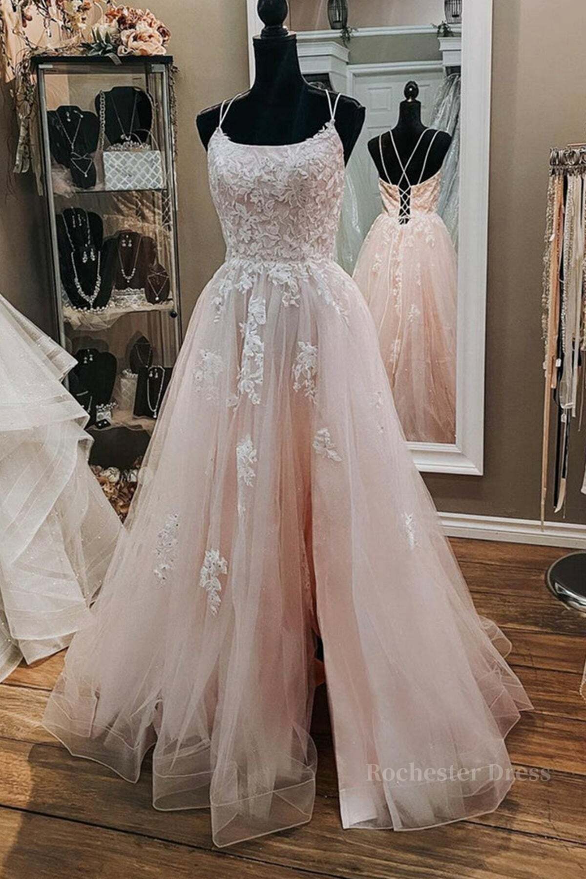 Pink Lace Appliques A Line Open Back Tulle Long Prom Dresses, Pink Lace Formal Graduation Evening Dresses