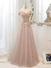 Pink Off Shoulder Shiny Tulle with Beaded and Lace Prom Dress, Pink Formal Dresses