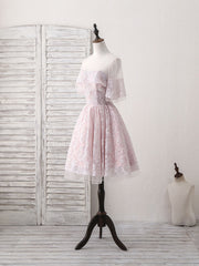 Pink Round Neck Lace Tulle Short Prom Dress, Pink Homecoming Dress