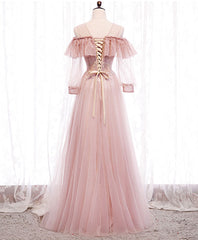 Pink Round Neck Tulle Lace Long Prom Dress Pink Lace Evening Dress