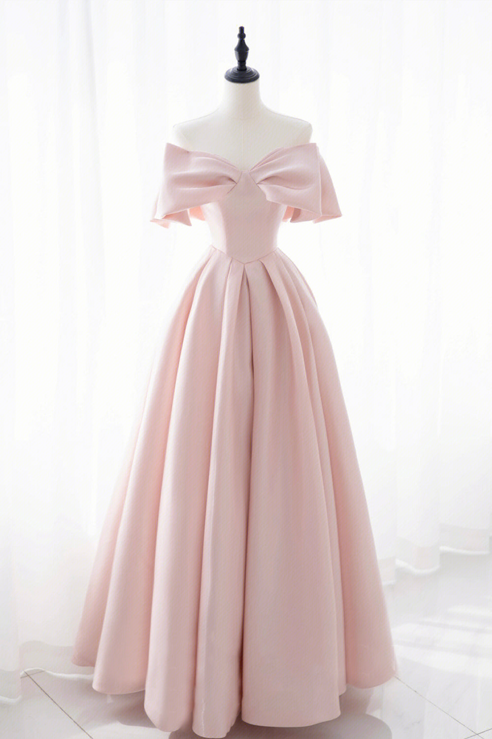 Pink Satin Long Prom Dress, Cute Off Shoulder Evening Dress