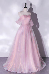 Pink Sequins Long A-Line Prom Dress, Off the Shoulder Evening Party Dress