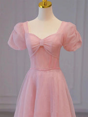 Pink Sweetheart Short Sleeves Long A-line Prom Dress, Pink Evening Gowns