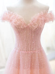 Pink Tulle A-line Long Prom Dress with Sequins, Off Shoulder Evening Dresses