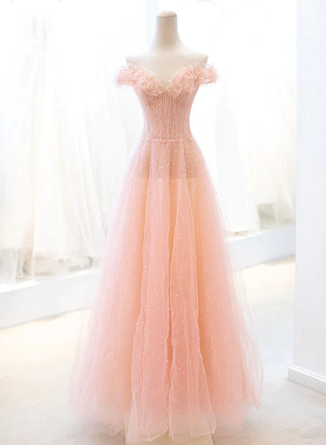 Pink Tulle A-line Long Prom Dress with Sequins, Off Shoulder Evening Dresses