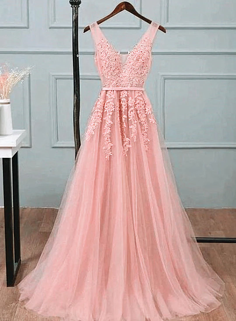 Pink Tulle A-line Simple Long Party Dress, A-line Prom Dresses Evening Dress